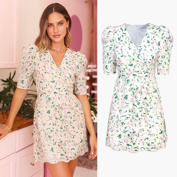 NWT Adelyn Rae Denise Cotton Eyelet Floral Puff Sleeve Mini Dress, Pink - Picture 3 of 6